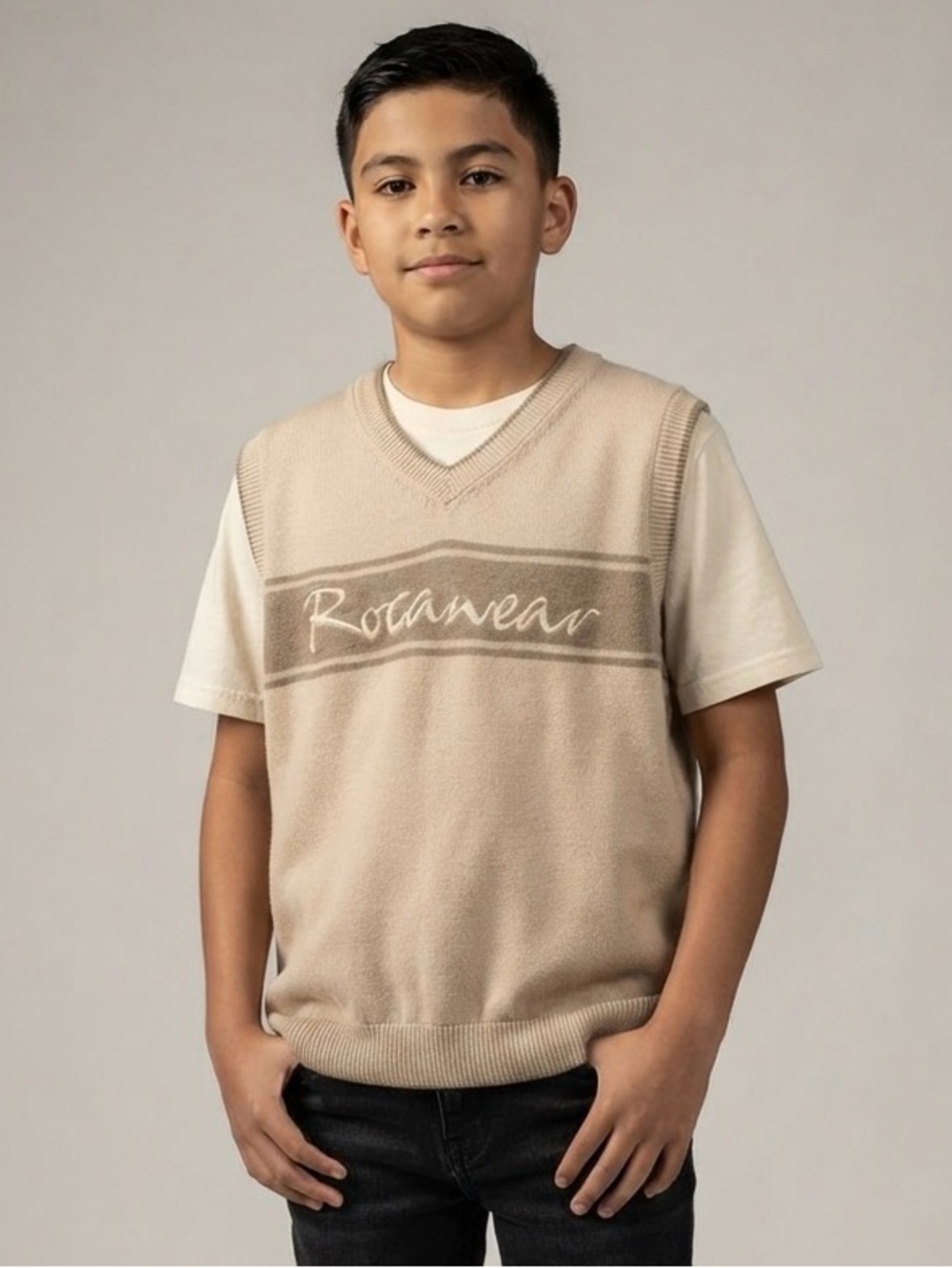 Rocawear Vintage Y2K Boys M 10/12 Sweater Vest Knit Spell Out Tan Beige Cotton